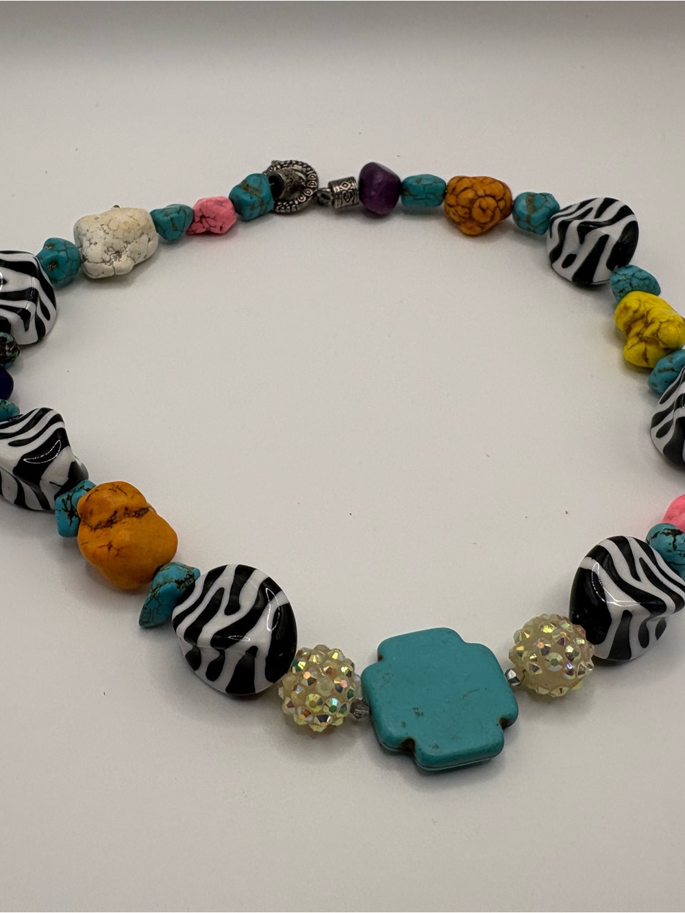 90s Chunky Zebra Print Beaded Necklace Faux Turquoise Cross Colorful Retro